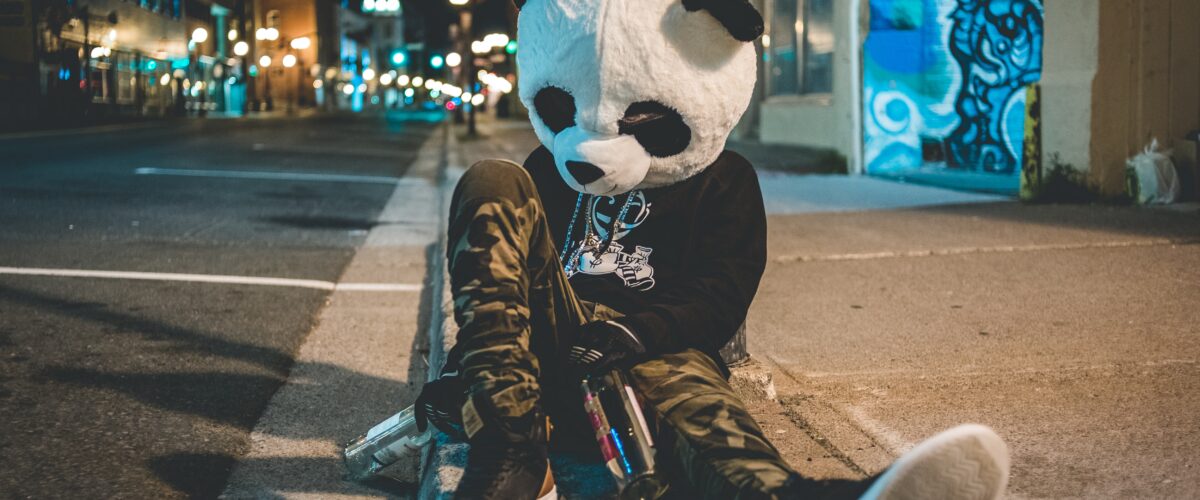 man wearing panda helmet sitting on curb at night