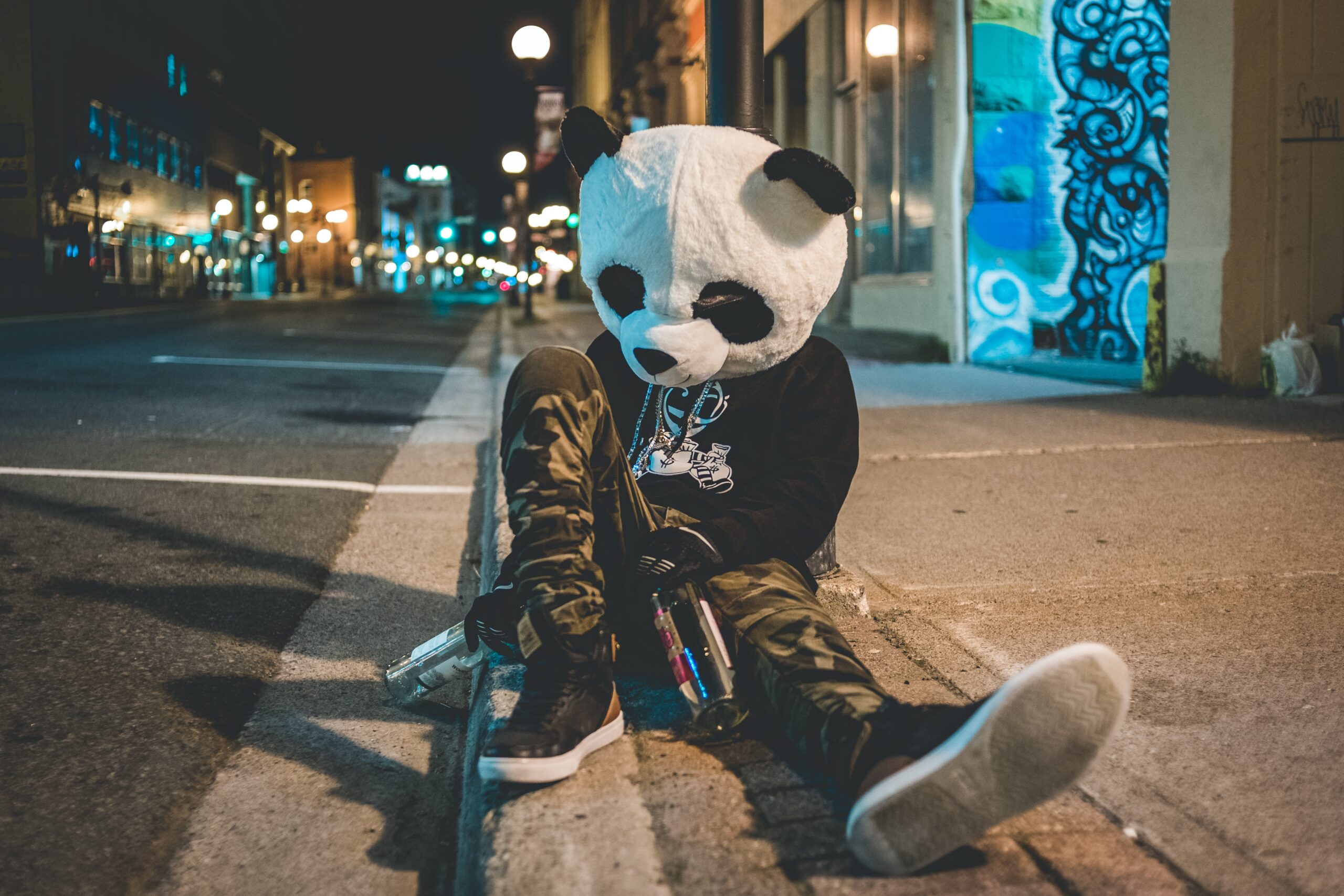 man wearing panda helmet sitting on curb at night